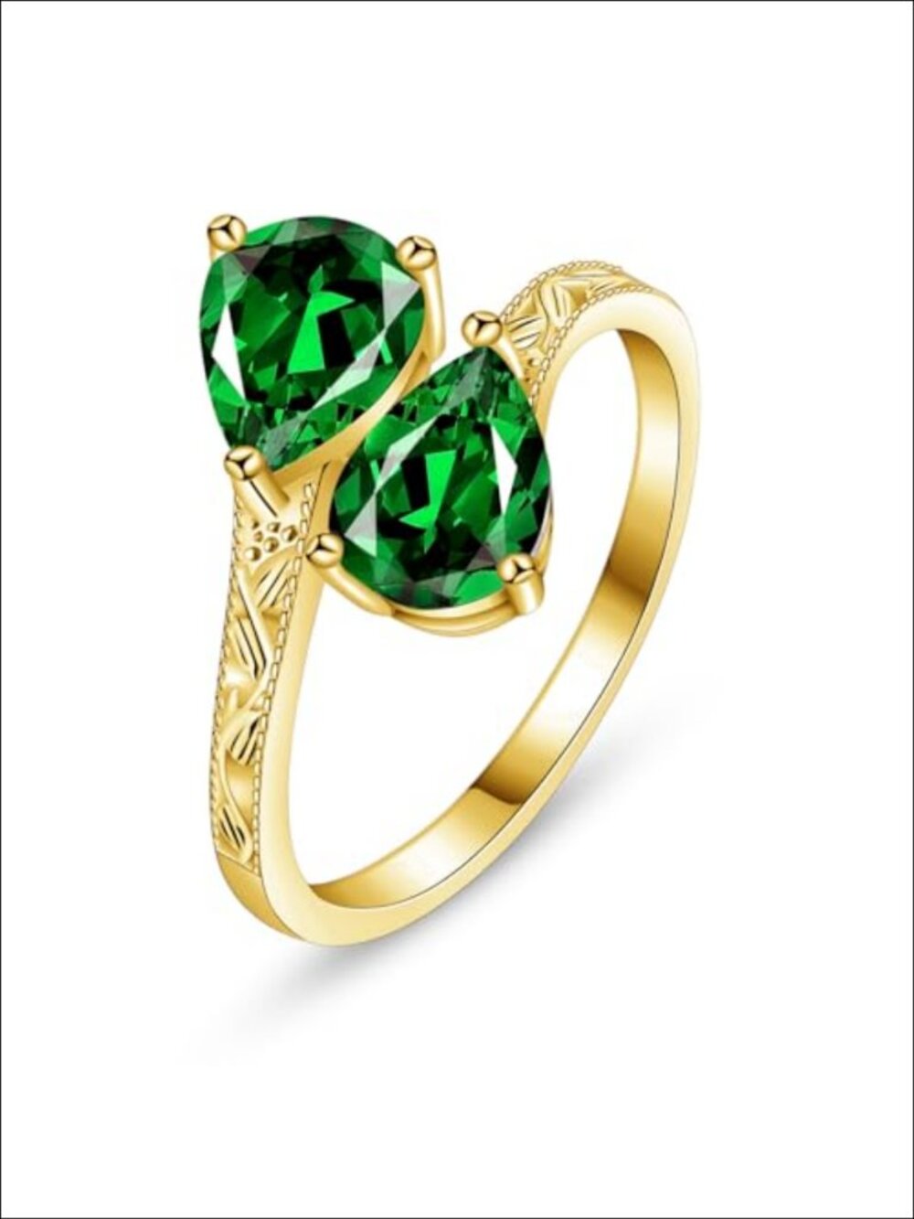 Adjustable 14K Gold Plated Simulated Emerald Statement Ring Vintage Milgrain